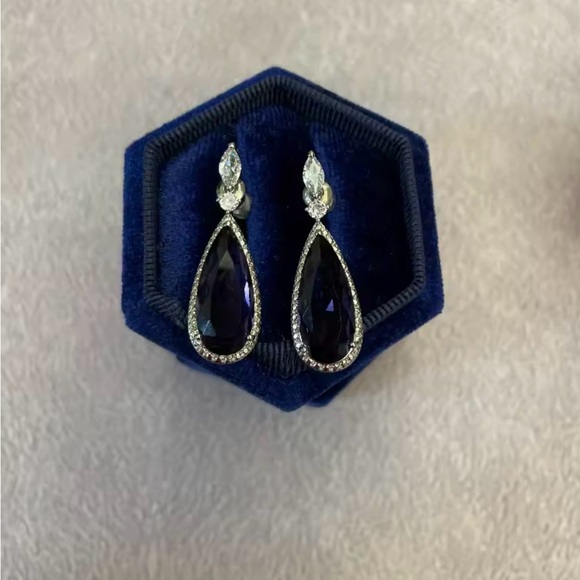 Sterling Silver Purple Amethyst Diamond Water Drop Teardrop Earrings - Picture 2 of 4